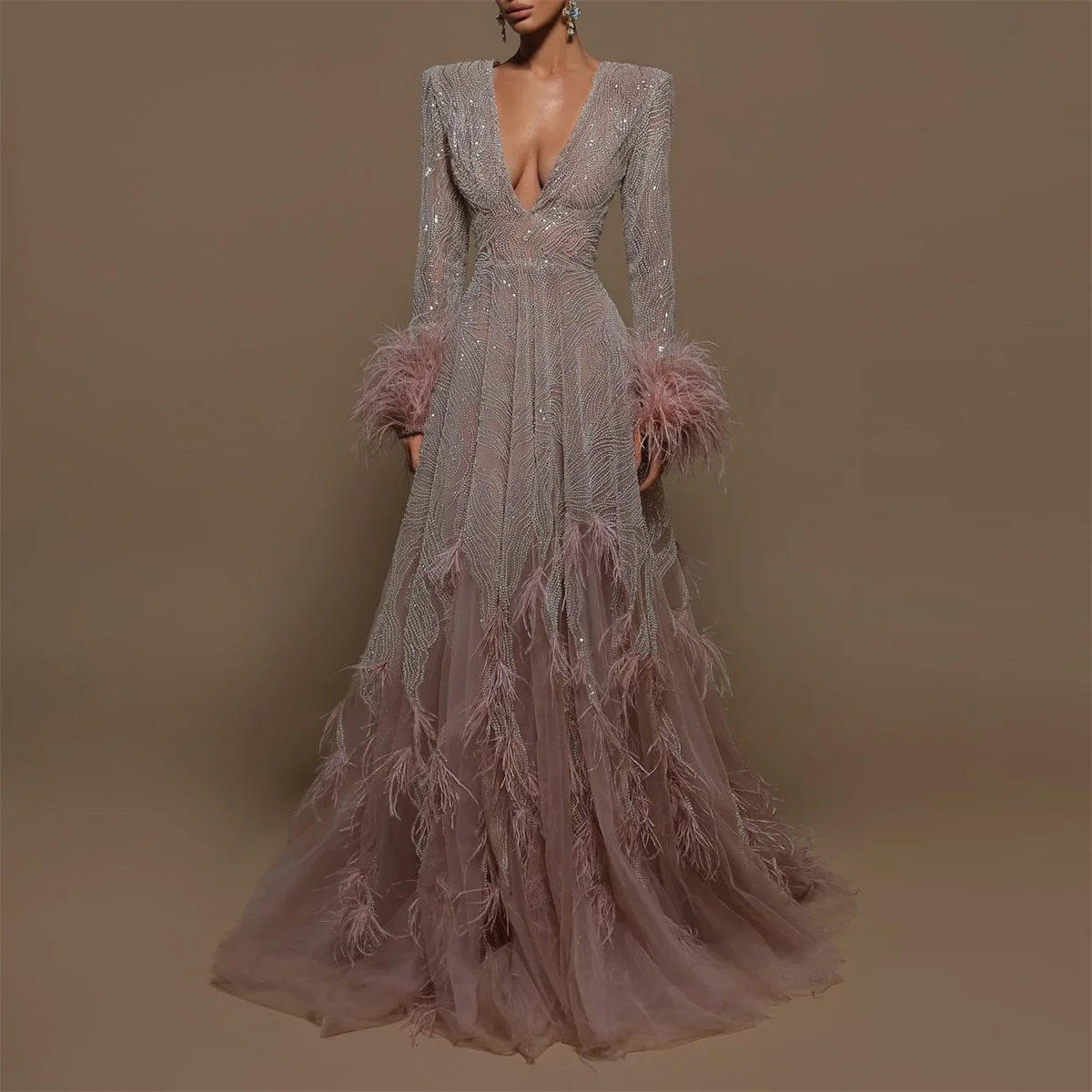 A-Line Star Dresses Evening Prom V-Neck Black Long Sleeve Feather And Floor Skirt Trailing Wedding Dresses 2023 Sequin