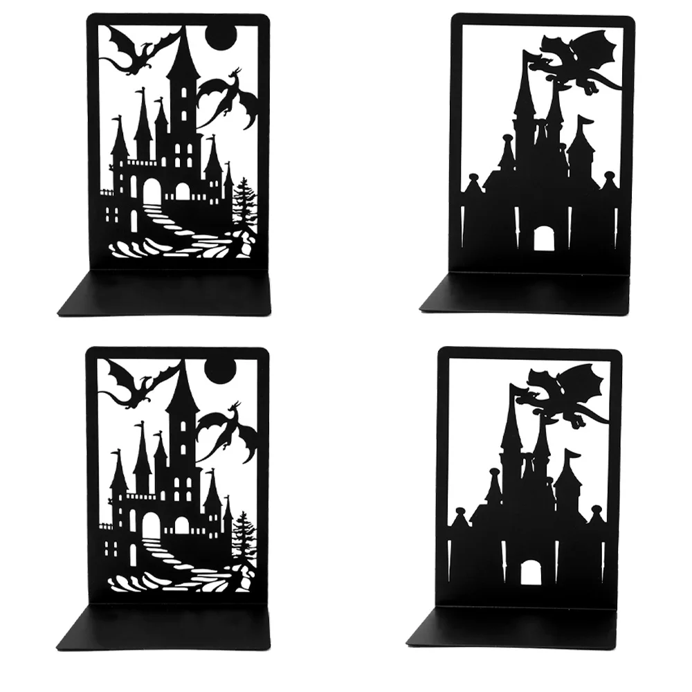 A Creative Black Metal Bookshelf Set with Castle and Dragon Designs, Providing Anti Slip Book Support for Fantasy Enthusiasts.