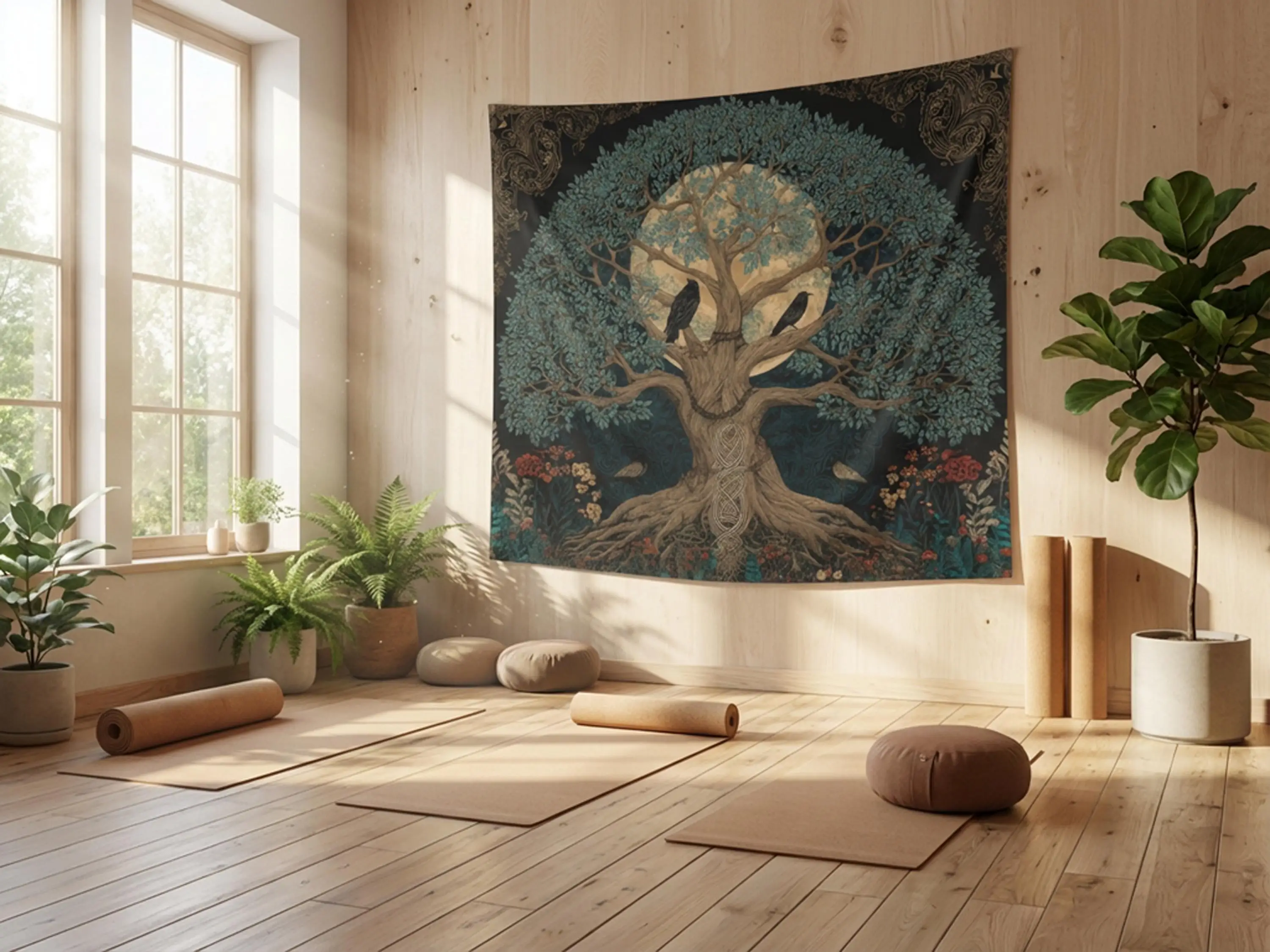 1pc Norse Yggdrasil Tree of Life Raven Moon Tapestry, Viking World Tree Crow Full Moon Wall Hanging, Multiple Sizes, Polyester 2