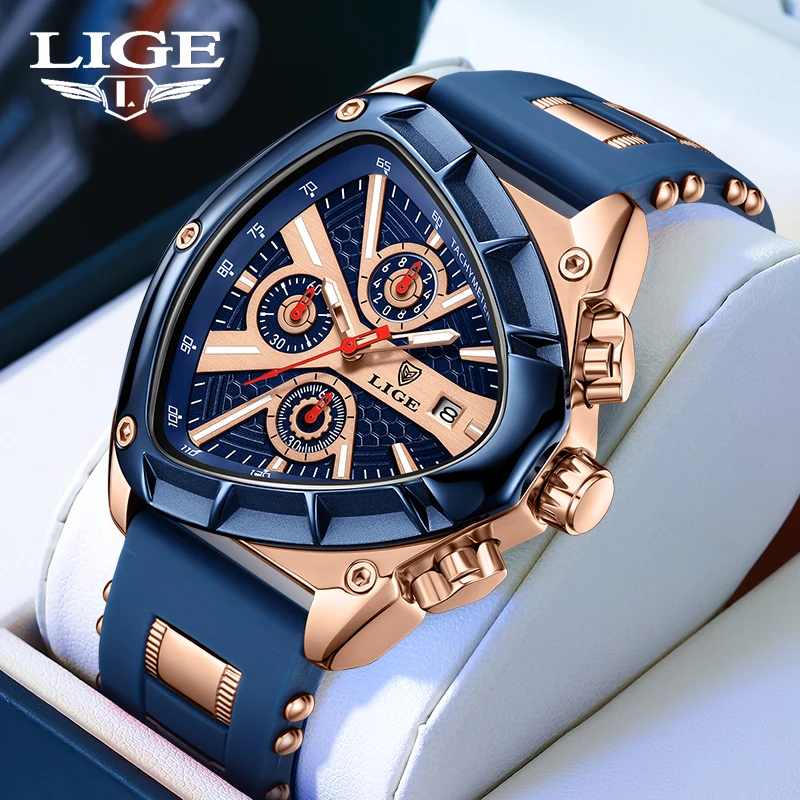 LIGE Fashion Mens Watch Luxury Triangle Quartz Watches Men Military Waterproof Chronograph Clock Wristwatches Male Reloj Hombre