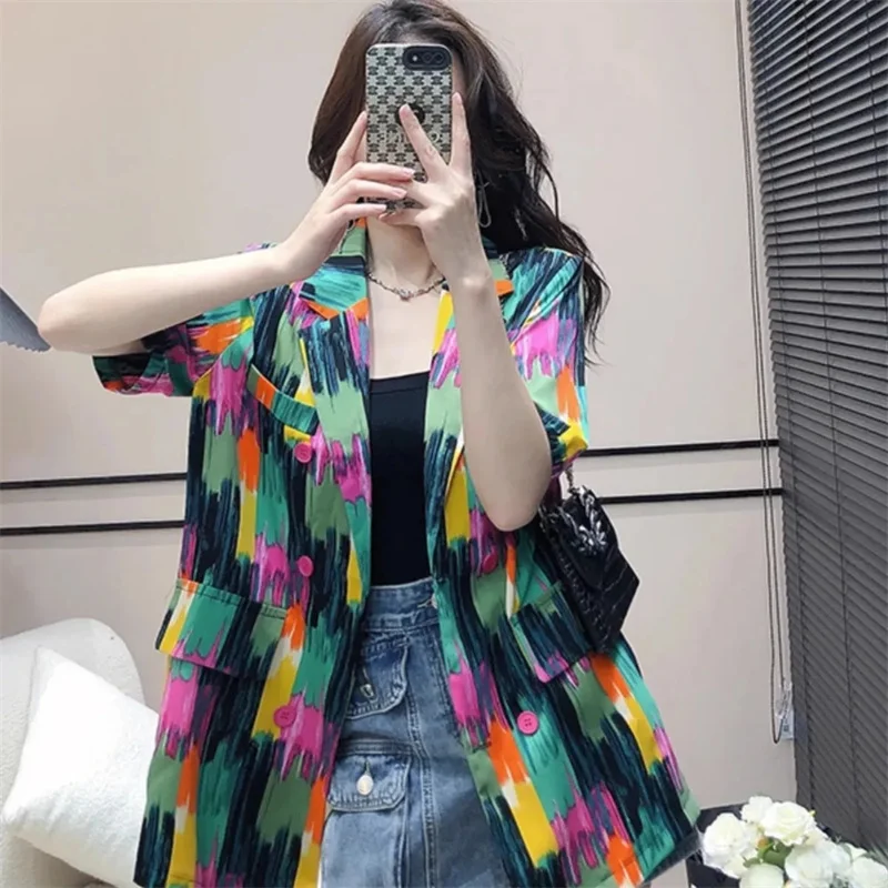 2024 Summer Female New High end Retro Watercolor Speckled Ink Suit Coat Texture High end Explosive Street Top Women Loose Blazer