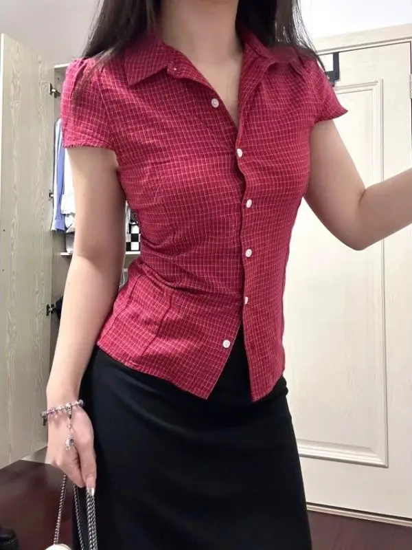 

Retro Hong Kong Sle Red Ne ort Sve Plaid irt Women's Commute Slimming oulder Level Top for Summer 2026