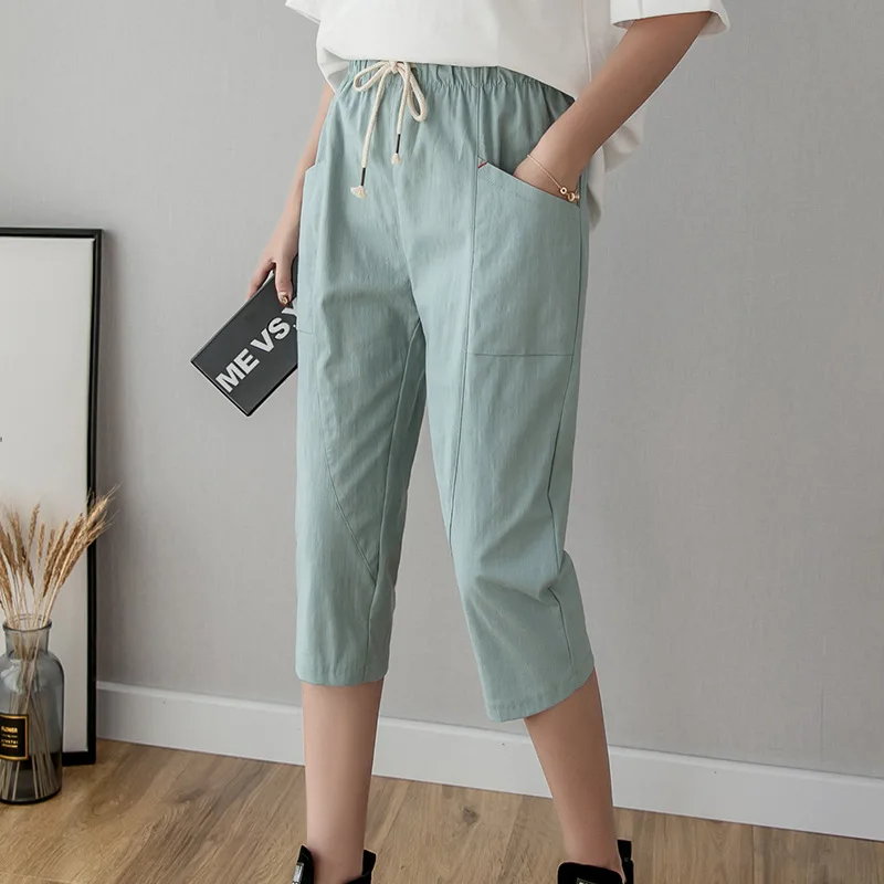 Women Cotton Linen Pants Summer Patchwork Pocket Calf-Length Pants Female Vintage Pencil Shorts Fashion Office Ladies Bottoms