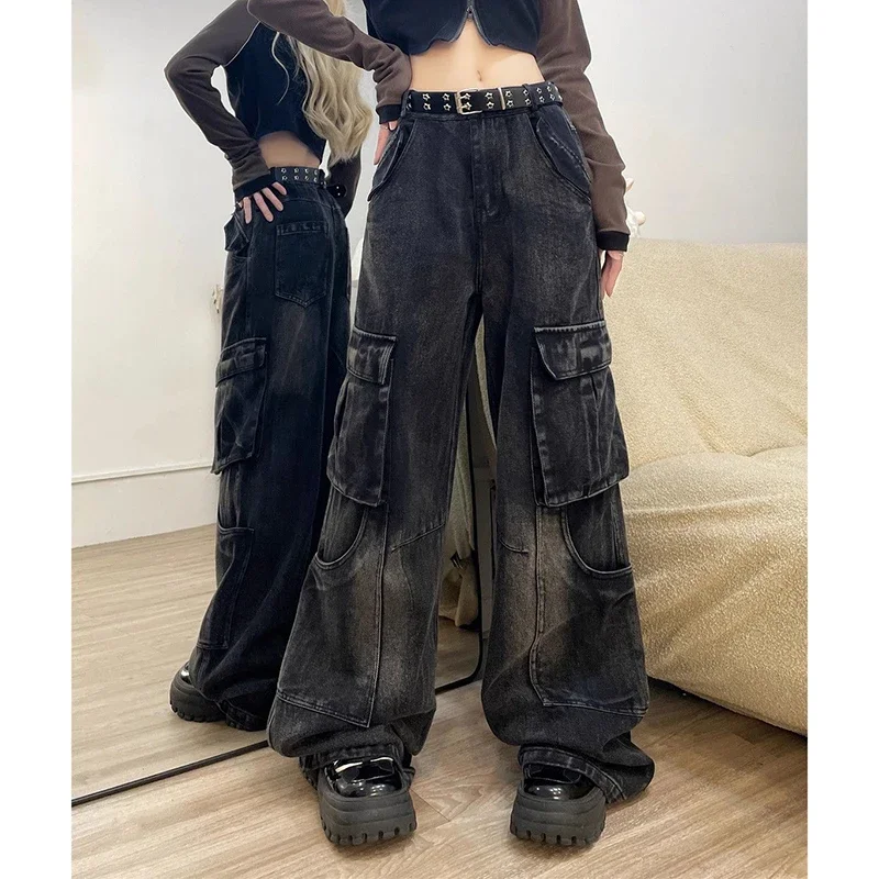 

Streetwear Vintage Women Cargo Jeans Y2K More Pockets High Waist Straight Jeans Female Harajuku High Street Wide Leg Denim Pants