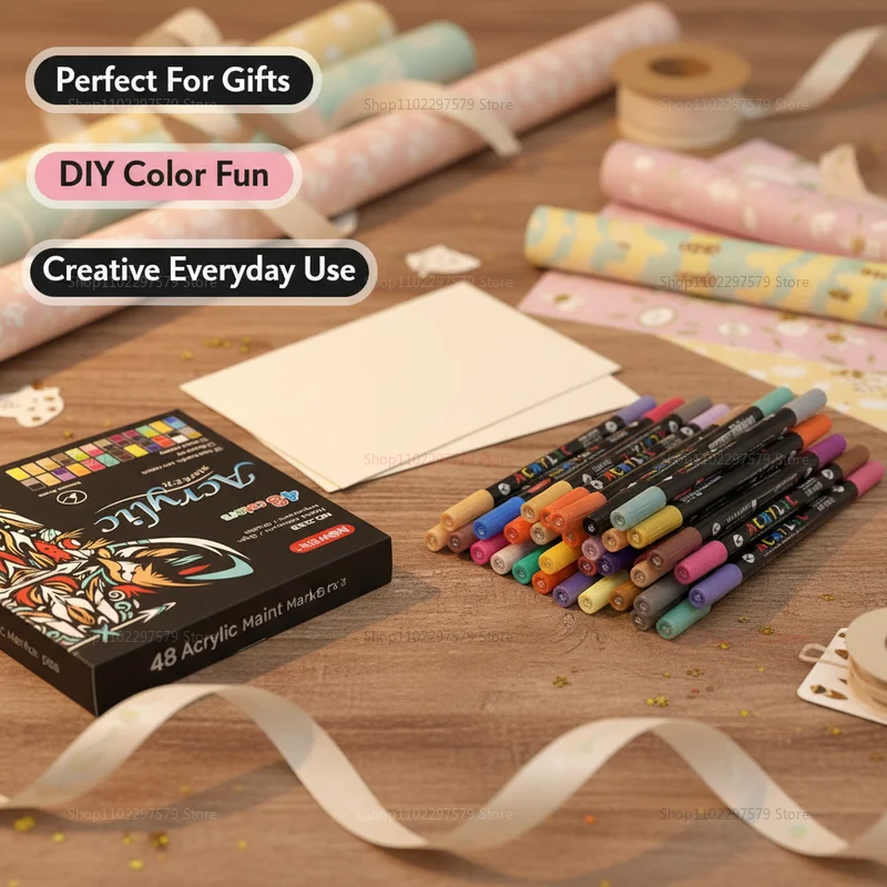 

Набор акриловых маркеров с двумя наконечниками (тонкий и кисть) из 48 цветов для рисования на камне, дереве, стекле, каллиграфии и поделок