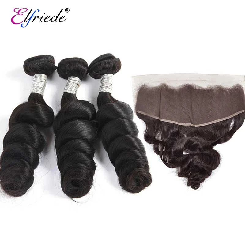 Elfriade-mechones de onda suelta negra Natural con Frontal, cabello humano 100% Remy brasileño, 3 mechones con encaje Frontal 13x4