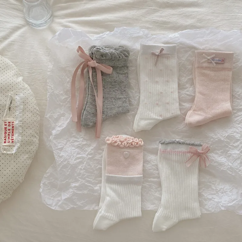 

5 пар милых розовых серых носков с бантом, хлопковые женские весенне-летние тонкие носки, женские милые носки для взрослых, высокое качество
