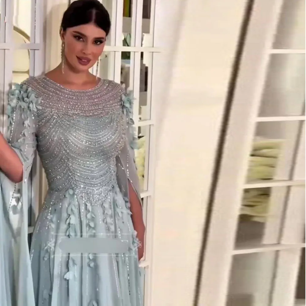 Customized Luxury Evening Dresses with Cape Sleeve Beading Top A Line Chiffon Dress Rhinestones Arabic Dubai Formal Gown