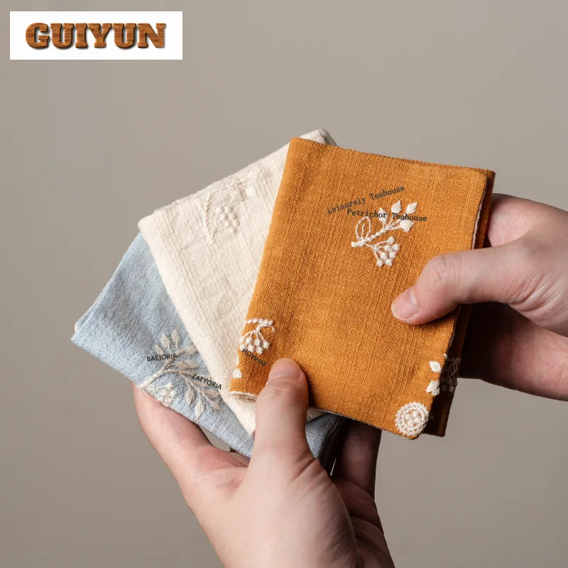 HOYIHM Cotton-linen Absorbent Embroidered Tea Towel Retro Rags Tea Napkins Household Tea Cloth Cha Ornaments Collection