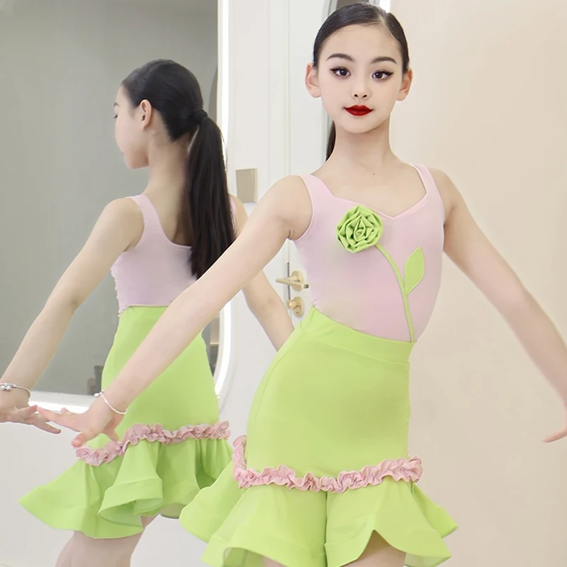 

Latin Dance Costume Kids Professional Competition Clothes Salsa Dance Performance Clothes Girls Sleeveless Practice Set XH2998