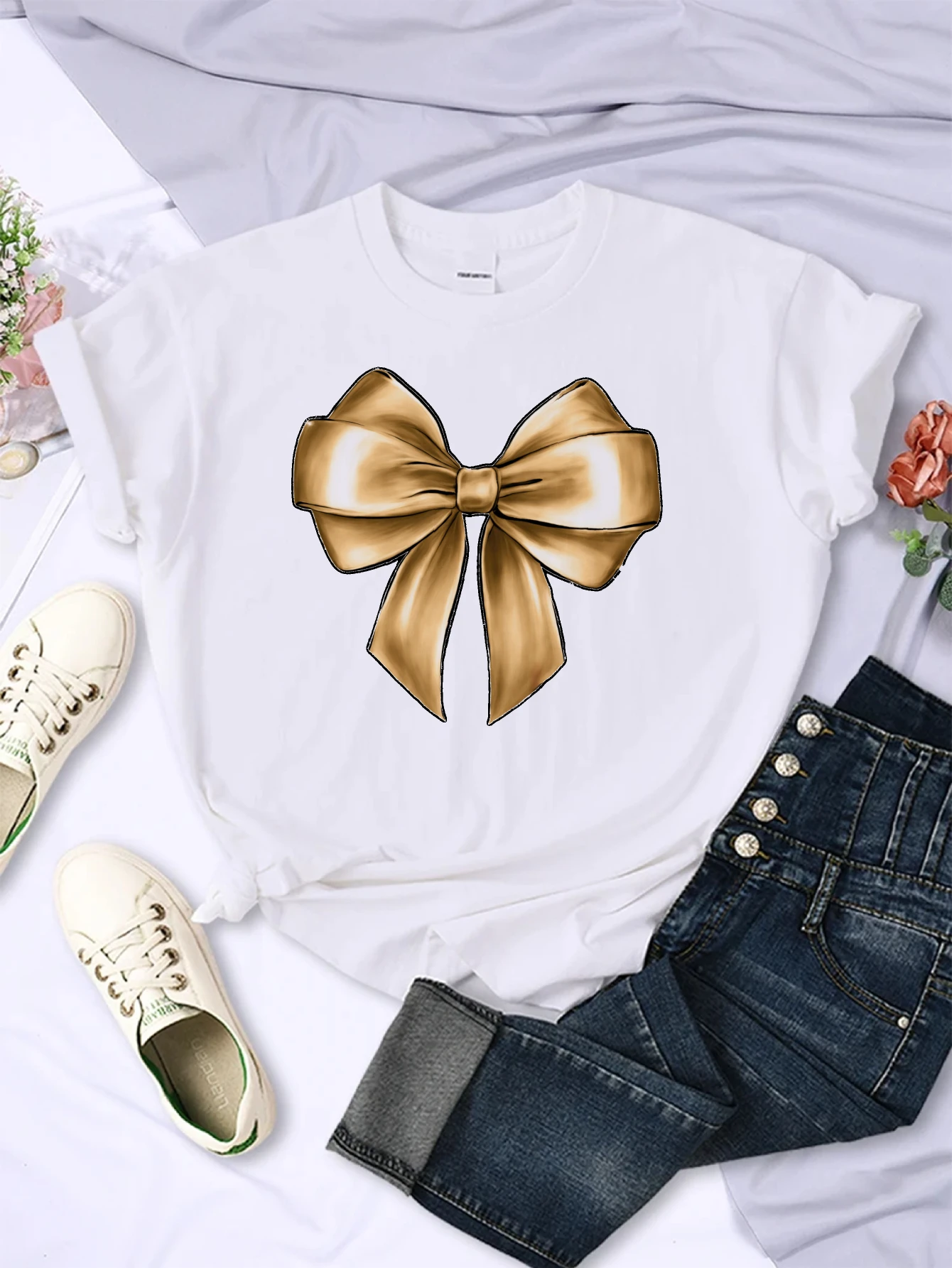 

Bow tie Women’s Loose Fit Round Neck T-shirt Comfortable Printed Best-Selling Christmas Style