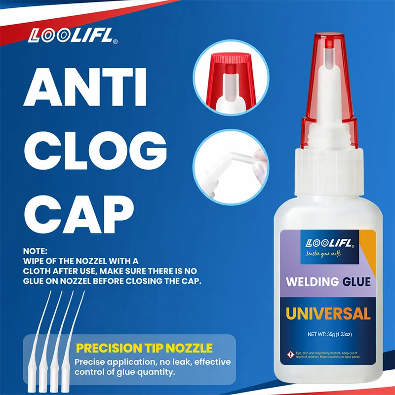 Loolifl Universal Welding Glue 1-7 Tubes 35g Super Glue, Precision Tip Instant Adhesive with Anti-Clogging Cap, Strong Waterproof Transparent Cyanoacrylate Suitable for Plastic, Metal, Rubber, Ceramic, Wood, Glass, DIY