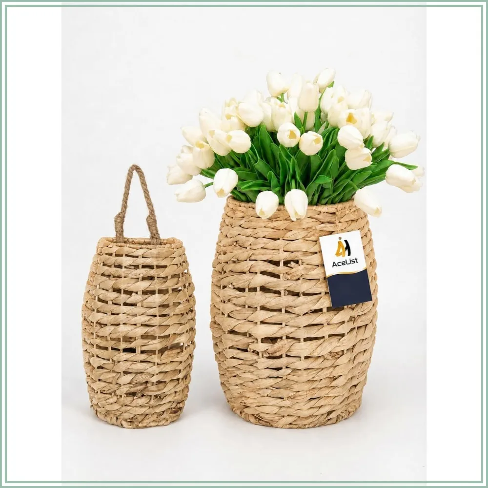 Hand-Woven Water Hyacinth Wall Hanging Basket Set of 2 - Boho Front Door Decor for Flowers, Mail & Plants, Coastal Farmhouse Storage for Entryway, Living Room & Bedroom