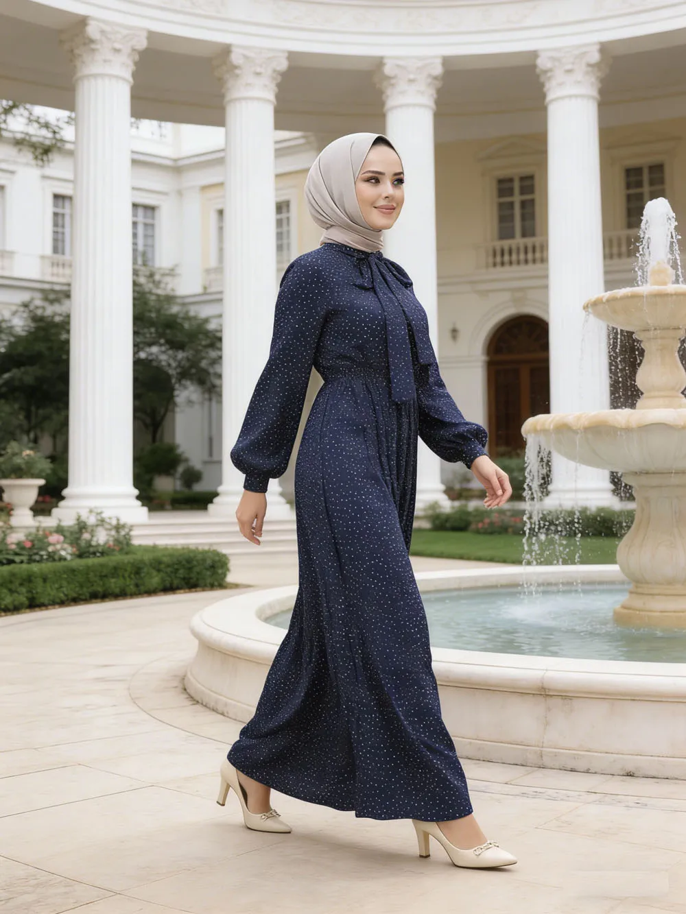 

Dubai Polka Dots Pleated Jalabiya Women Middle East Muslim Long Sleeve Dress Turkey Kaftan Abaya Ramadan Islamic Modest Robes