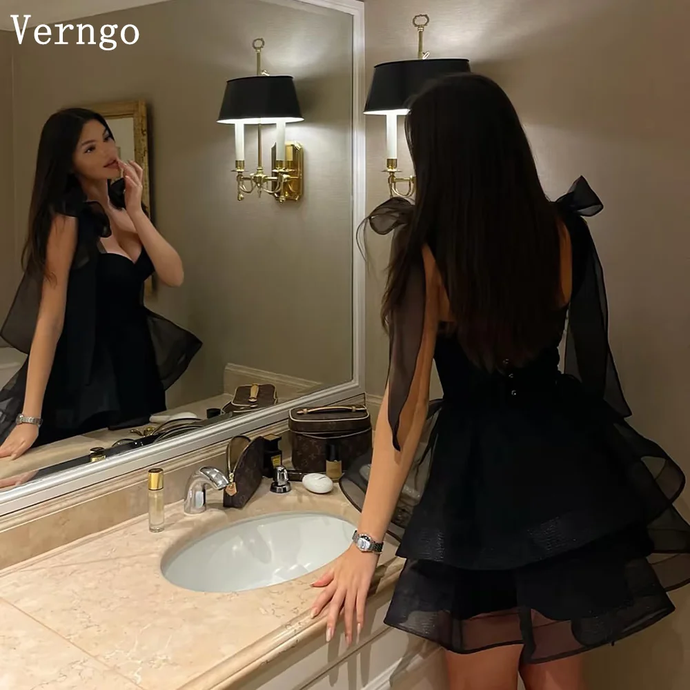 

Verngo Black Organza Mini Party Dress Spaghetti Straps A Line Tiered Cocktail Dresses Girl Graduation Dresses Customized