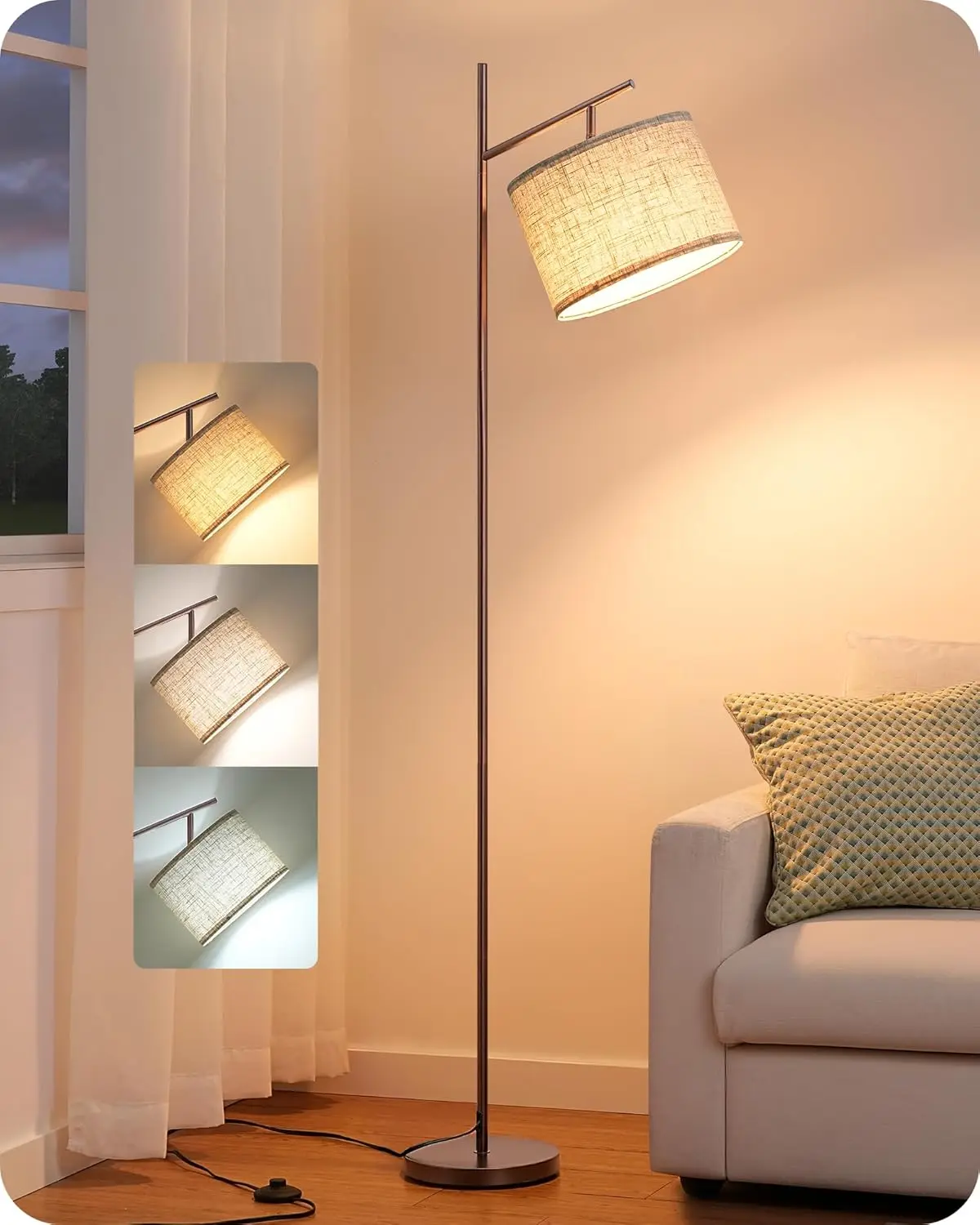 

Современный минималистичный напольный светильник с 3 цветовыми температурами, регулируемым плафоном и ножным выключателем для гостиной или офиса