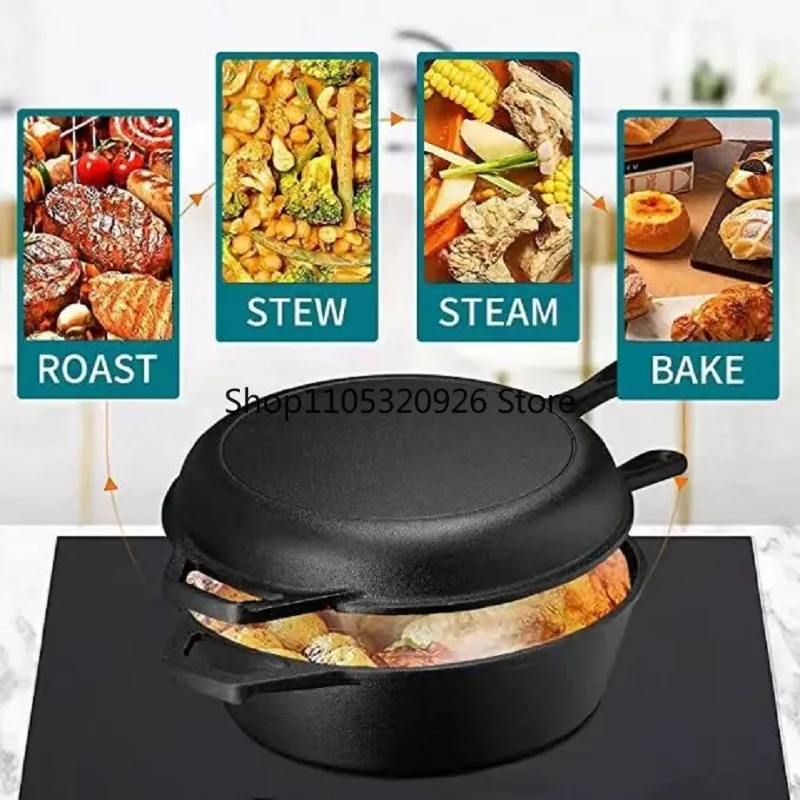2-in-1 Pre-Seasoned Cast Iron Dutch Oven Pot 10