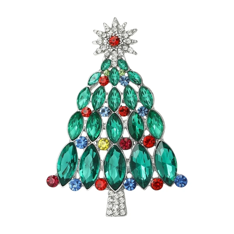 49ME Christmas Lapel Pin Tree Brooch with Multicolor Stone Detail, Alloy Look Holiday Clothing Piece for Jackets, Scarves