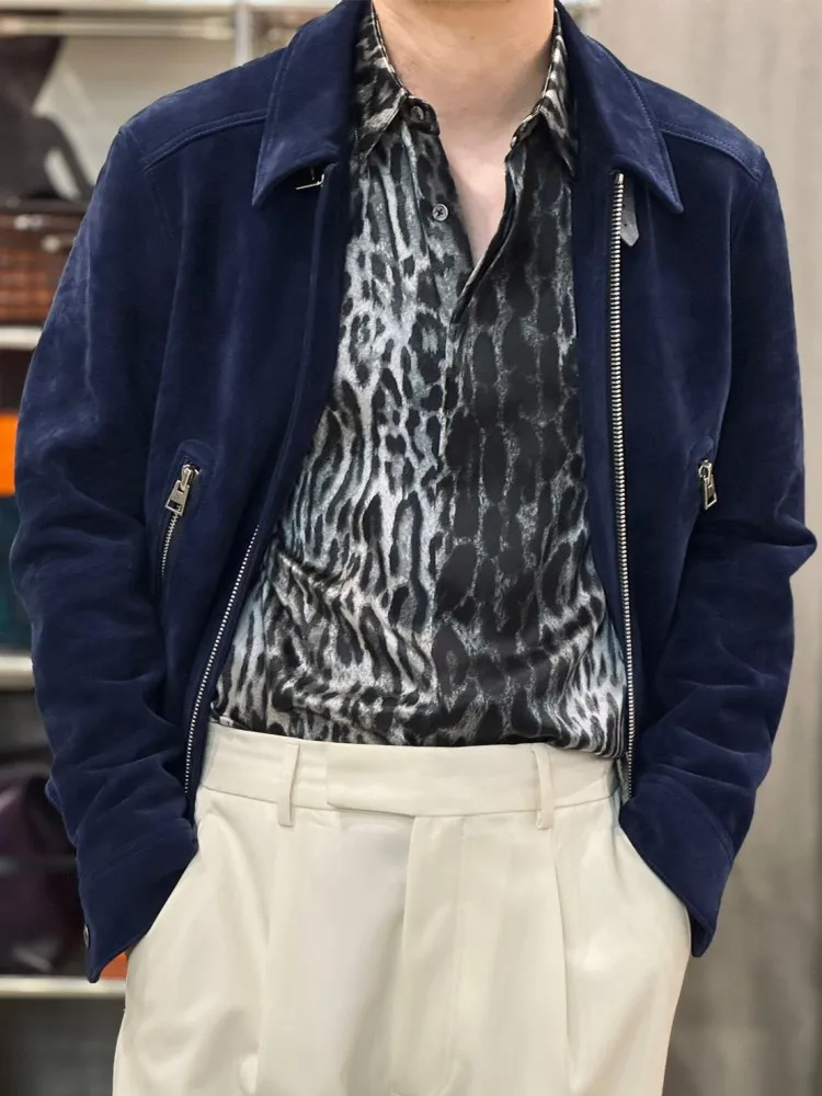 Fashion Lapel Solid Color Genuine Leather Short Jacket Zipper Pocket Long Sleeves High Quality Button Slim Cowhide Male Coat