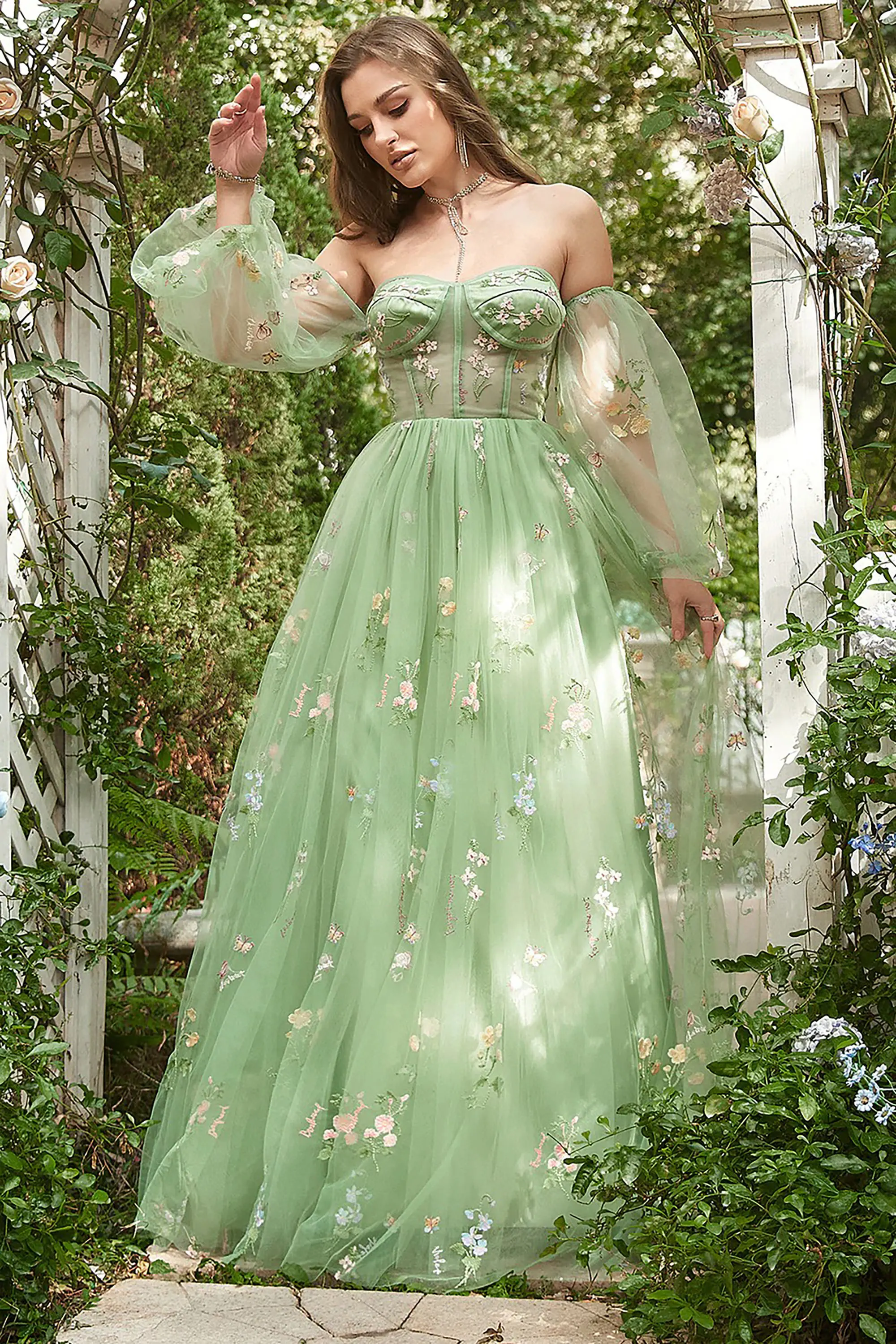 Green Fairy Embroidery Prom Dress Long Sleeve Sweetheart Floor Length A Line Tulle Off-Shoulder Party Sweet 16 Dress Vestidos