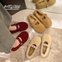 Deep Red Round Toe Lambswool Ballet Flats Woman Warm Plush Belt Buckle Mary Jane Shoes Ladies Brand Design Fluffy Shallow Loafer