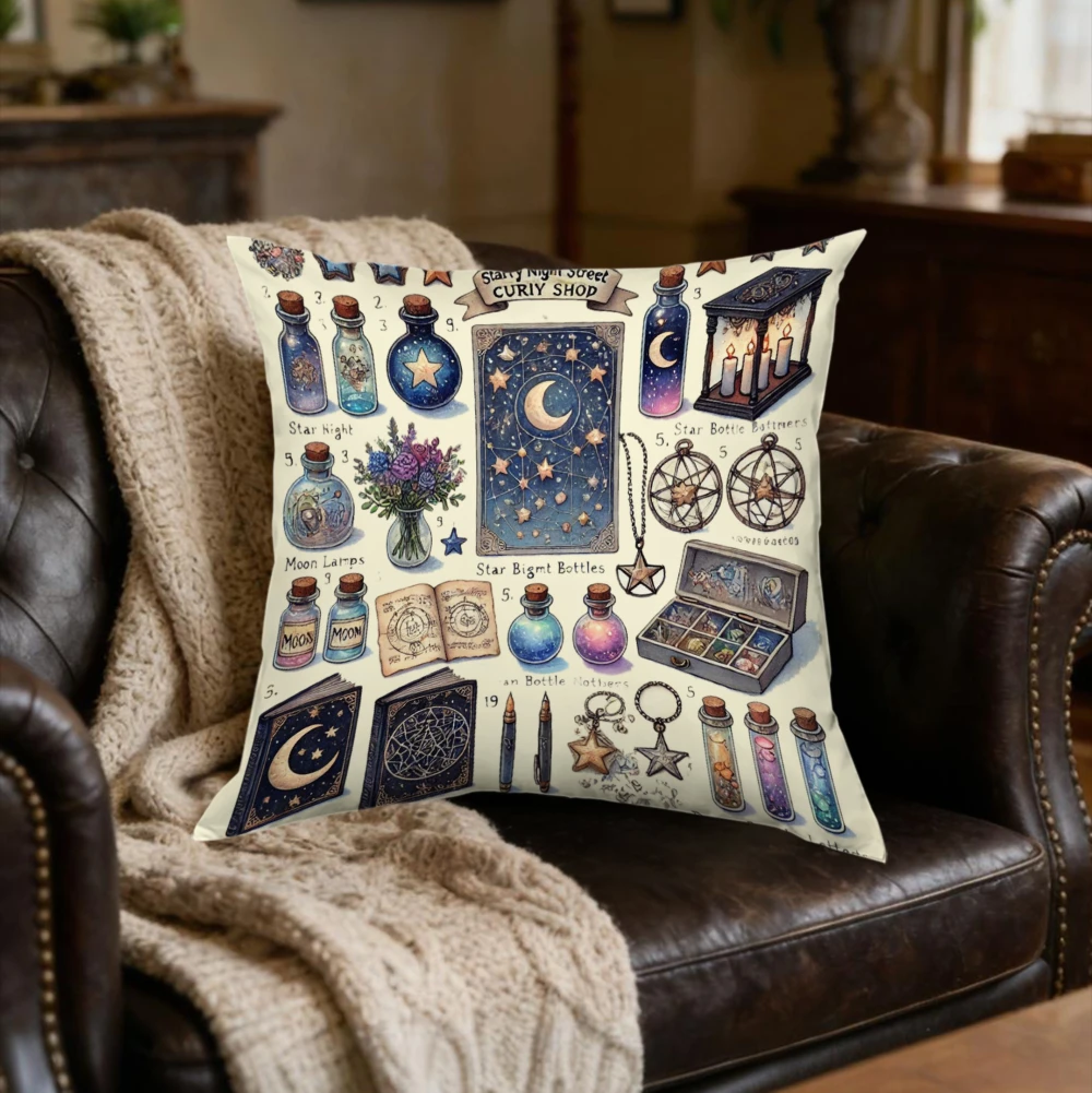 1pc Vintage Magic Shop Cushion Cover Blue Starry Night Moon Bottle Pillowcase For Sofa Bedroom Decorative Throw Case Home Gift x
