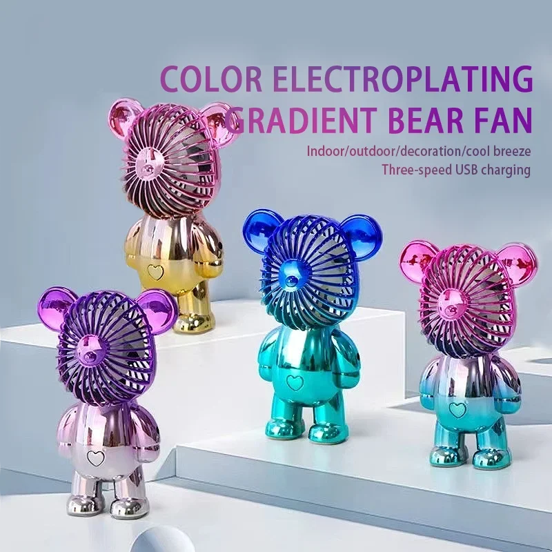 

2024 Electroplating Gradual Change Bear Fan Mini Color Graffiti Handheld Fan USB Charging Small Fan Cooling Electric Fans