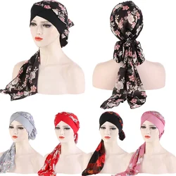 Pañuelo largo de gasa para mujer musulmana, chal islámico, turbante indio, gorro con estampado Floral, Hijab, Gargantilla para la pérdida de cabello, envolturas bohemias a la moda