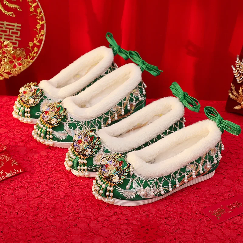 

Туфли для невесты в старинном стиле с этническими кисточками, увеличивающие рост стельки, для китайской свадьбы, зеленые, для Ханьфу, для церемонии Сюхэ и выступления на сцене