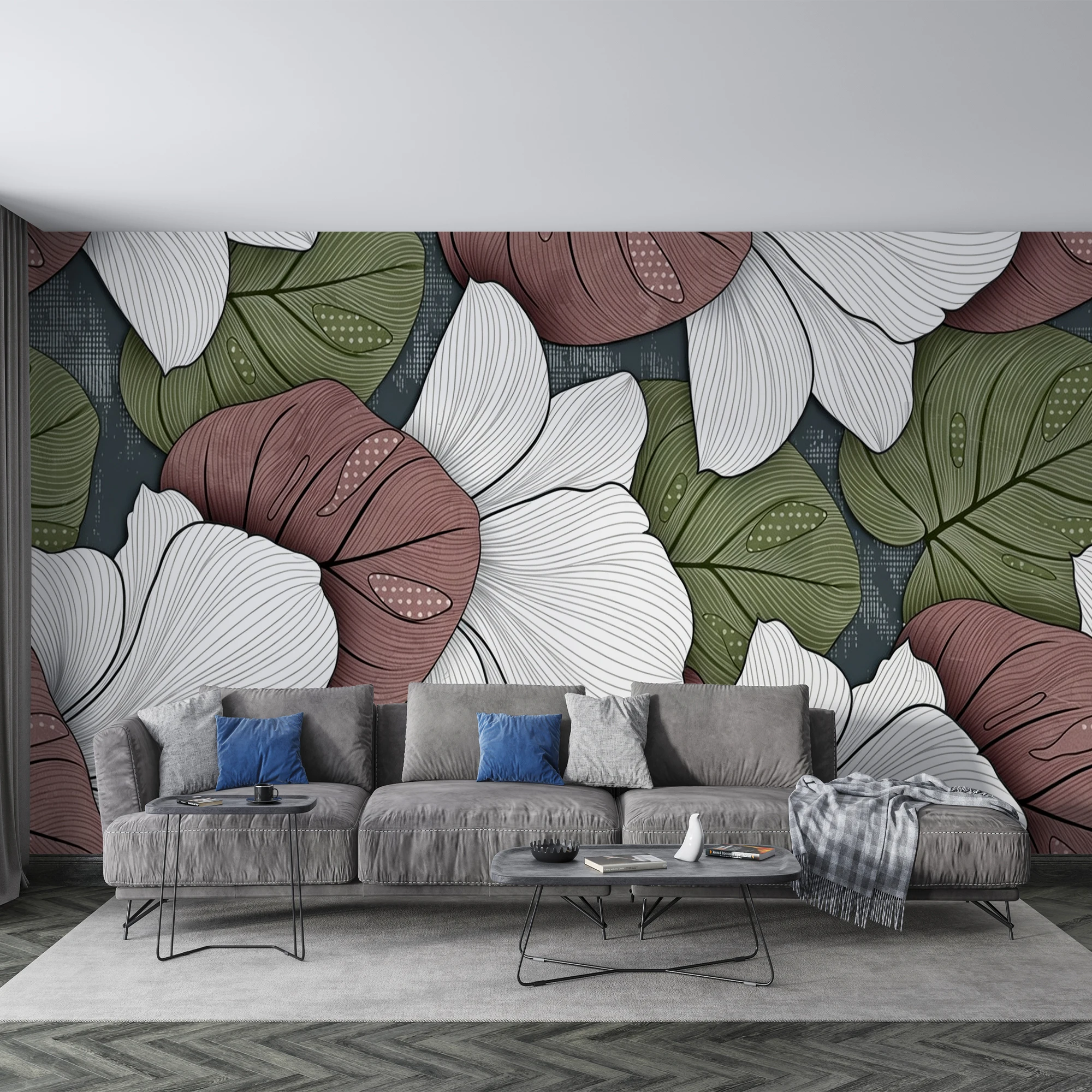 Milofi Custom Modern Line Art Tropical Floral Mural Wallpaper Monstera Leaf Flower Wall Mural for Living Room Bedroom Home Decor