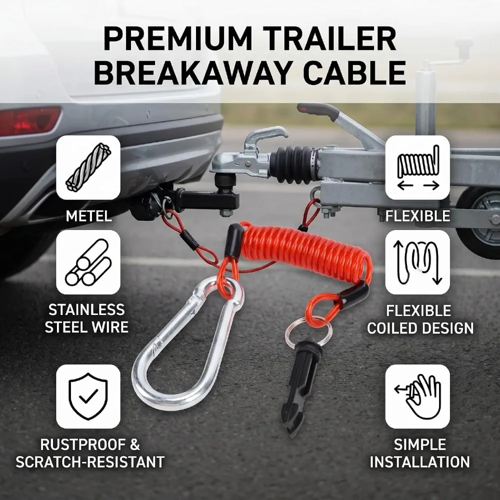 Flexible Stainless Steel Breakaway Trailer Cable Flexible Coiled 4FT Emergency Brake Cable Safety Lanyard Towing