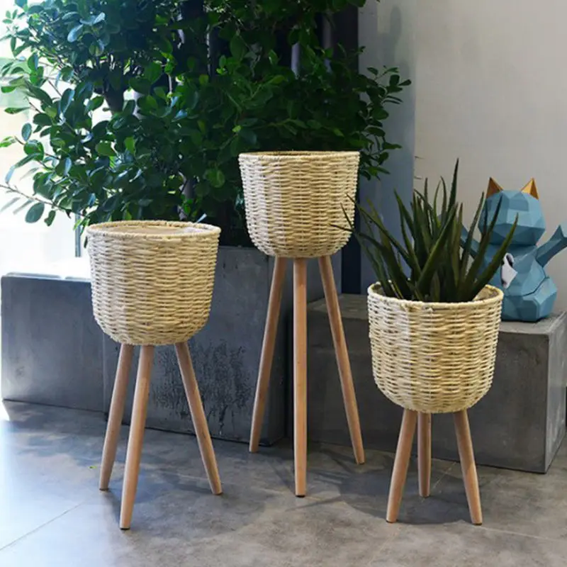 Straw Flower Basket Weaving Rattan Balcony Flowerpot Landing Basket Climbing Rattan Flower Rack Plant Stand Plant Shelf