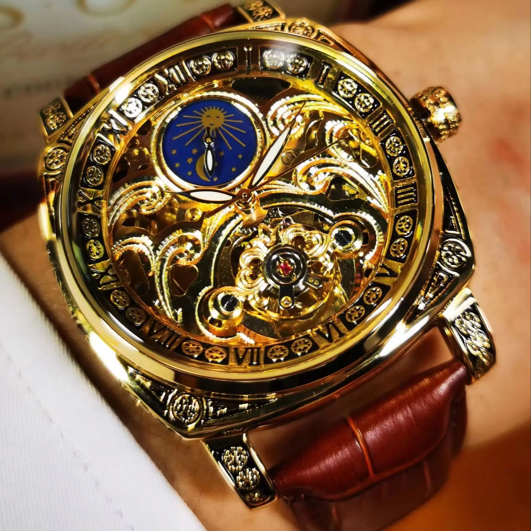 AOKULASIC Moon Phase Skeleton Watch for Men Fashion Tourbillon Automatic Mechanical Watches Leather Strap Mens Wristwatches New