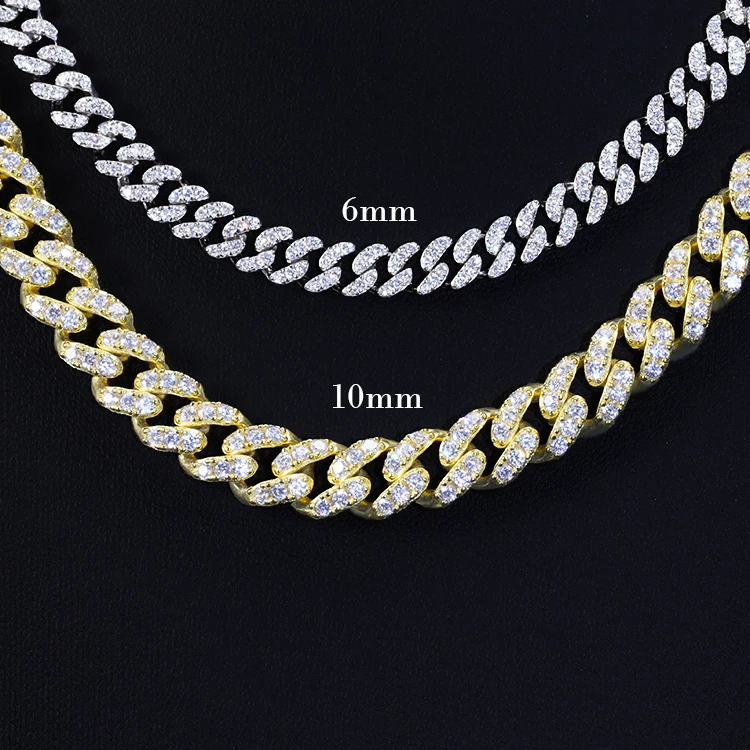 Hip Hop Light Single Row 8mm 10mm Wide Real S925 Plated Gold Moissanite Cuban Link Chain