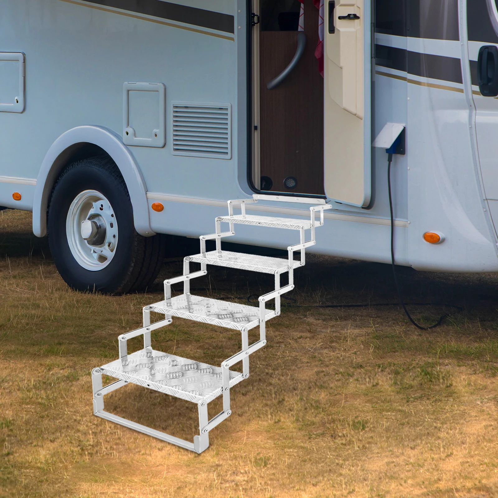 سلم 4 خطوات سلم قابل للطي، سلالم مقصية من سبائك الألومنيوم بعرض 17 بوصة، للمركبات الترفيهية، التخييم، العلية، المستودعات، تحميل 110 كجم #2