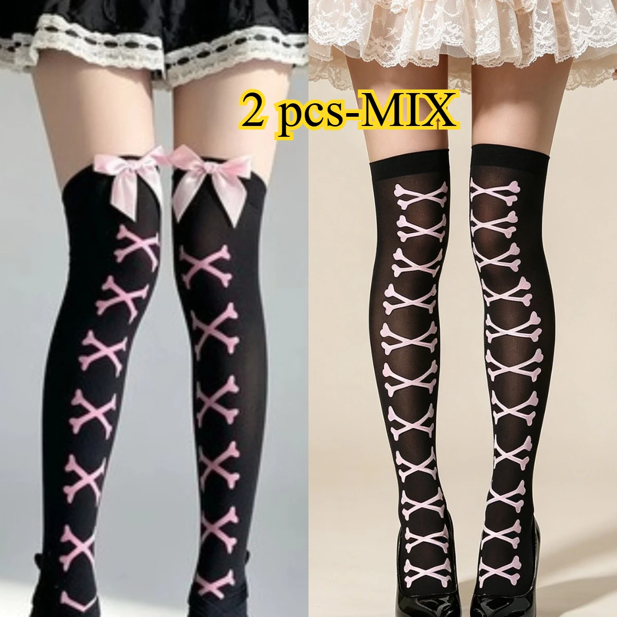 New Girl Bone Bow Socks Streetwear Girls Black Sweet Cute Pink Y2K Harajuku Lolita Fishnet Stockings Thigh High Stocking 1/2pair