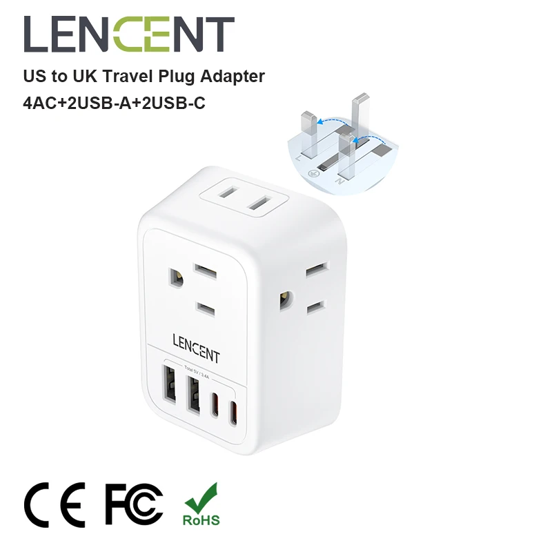 Encent-国際タイプg電源プラグアダプター、旅行用usからukへ、4コンセント付き電源アダプター、2usb-c、5v、3a