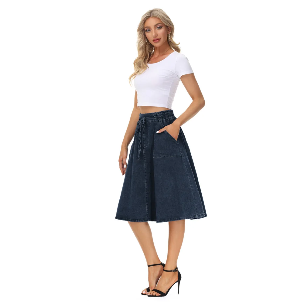 KK Women Ladies Jean Skirt Elastic Drawstring Waist Below Knee A-Line Skirt Breathable Jean Fabric Fashion