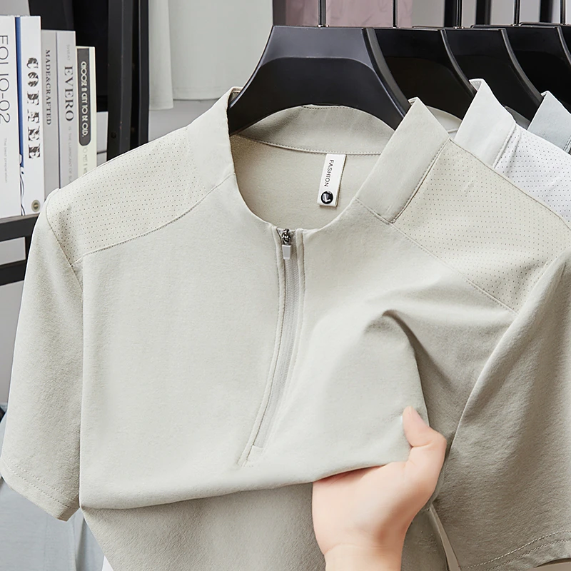 Herren Kurzarm-Poloshirts mit Halbem Reißverschluss und Stehkragen Lässige Sommer-Oberteile Leichte Atmungsaktive Hemden für Männer – Detail 5