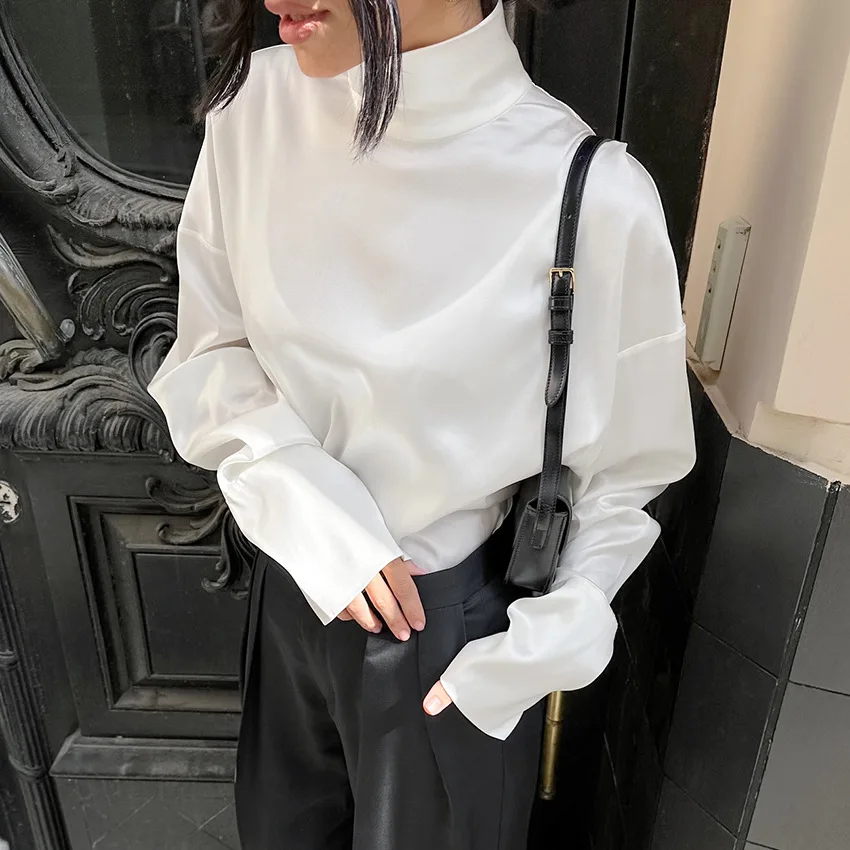 

2025 Fall/Winter Classic Thin Matte Color Ding Temperament High Collar White Commuter Lazy Style Long Sleeve Women's Shirt