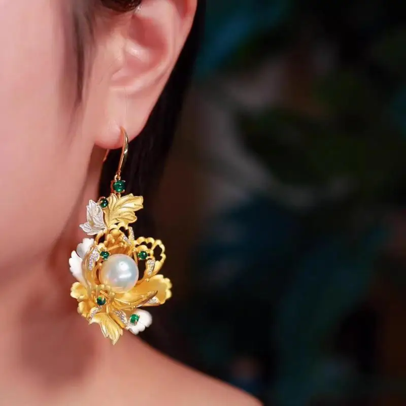 New Arrival Retro Elegant New Chinese Style Peony Flower Imitation Pearl Dangle Earrings For Women Fashion Sweet Metal Jewelry
