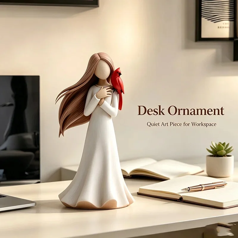 Faceless Long Dress Girl Resin Statue With Red Cardinal Bird Nordic Minimalist Sculpture Desktop Home Decor Ornament