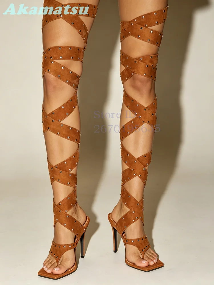 Studded Wrap Strappy Stiletto Sandals Brown Square Toe Rivet Cross-tied High Heels 2026 Summer Party Women Gladiator Shoes