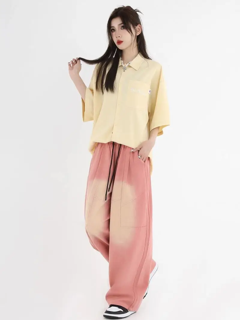 

Женские брюки, дышащие винтажные мягкие джинсовые брюки, зима-осень, американские потертые джинсы с градиентом в стиле ретро, свободные широкие повседневные брюки