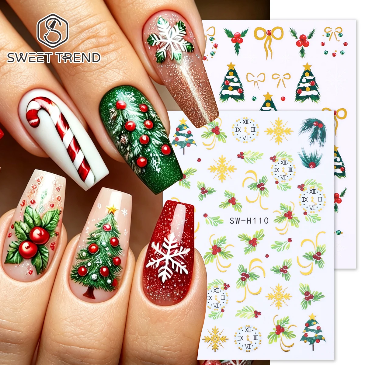 2pcs Bronzing Winter Holly Nail Stickers Metal Gold Snowflake Xmas Tree Bow Clock Decals DIY Christmas Party Manicure Decor Tips