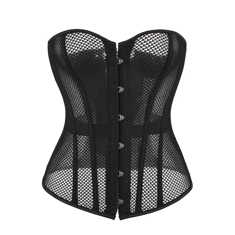 

Overbust Corset Black Hollow Out Mesh Breathable Waist Trainer Bustier Top Sexy Shapewear