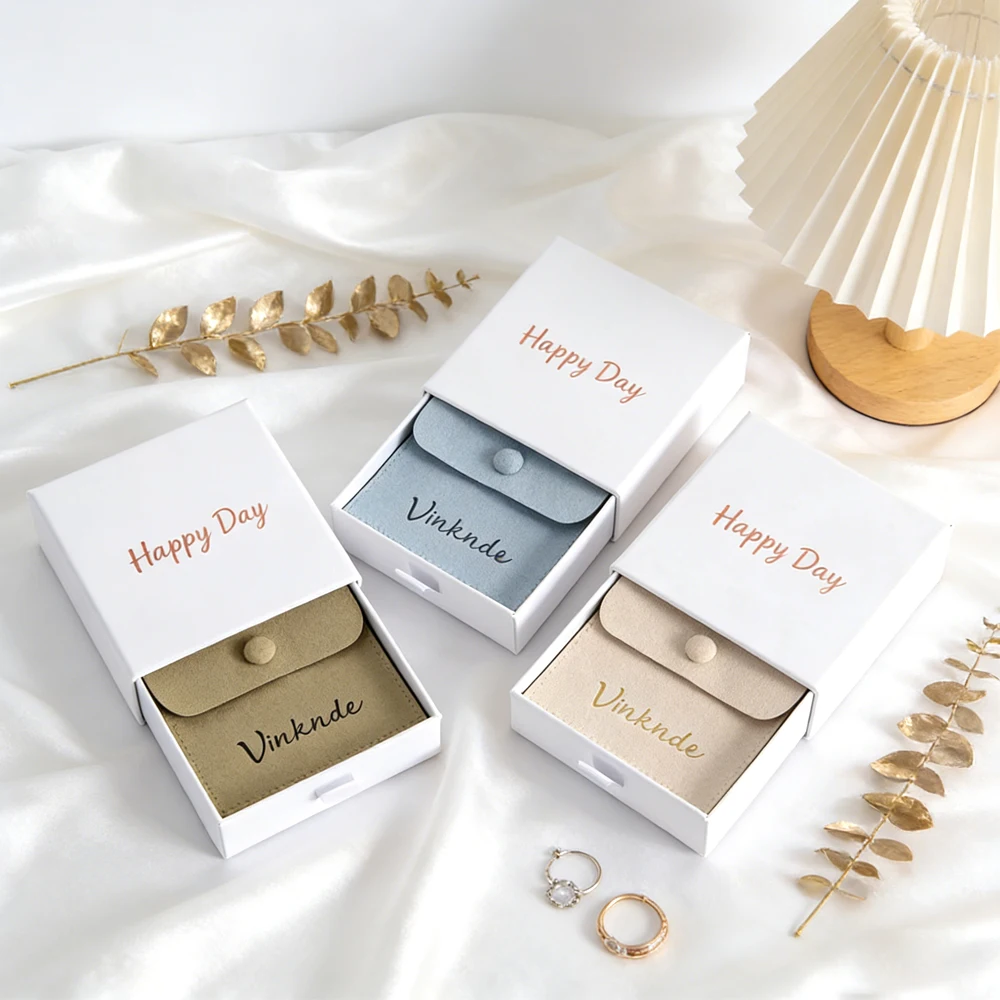 

24pcs 9*9*3.2cm White Paper Drawer Box Personalized Logo Slide Jewelry Packaging Box With Snap Bag Bulk Earrings Necklace Carton