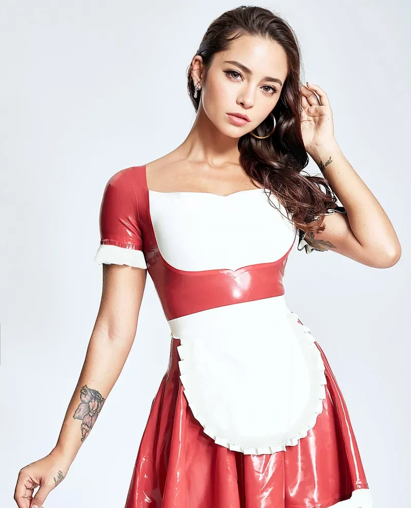 customized latex eurocat maid dress square neckline short sleeves white trim apron detail flared skirt handmade rubber clubwear