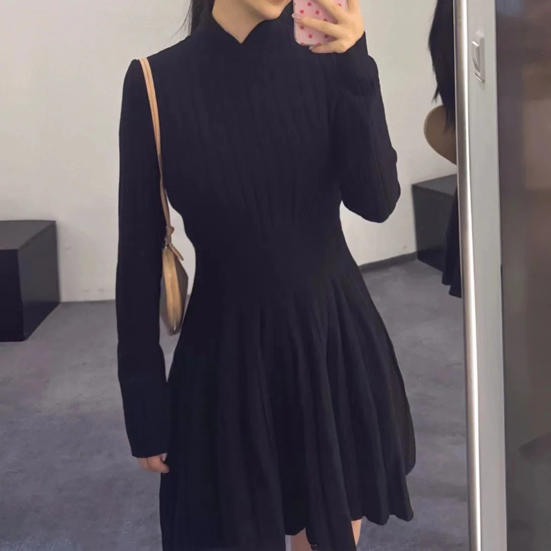 

Women Long Sleeve Cheongsam Collar Waist Big Swing Short Knitted Dress