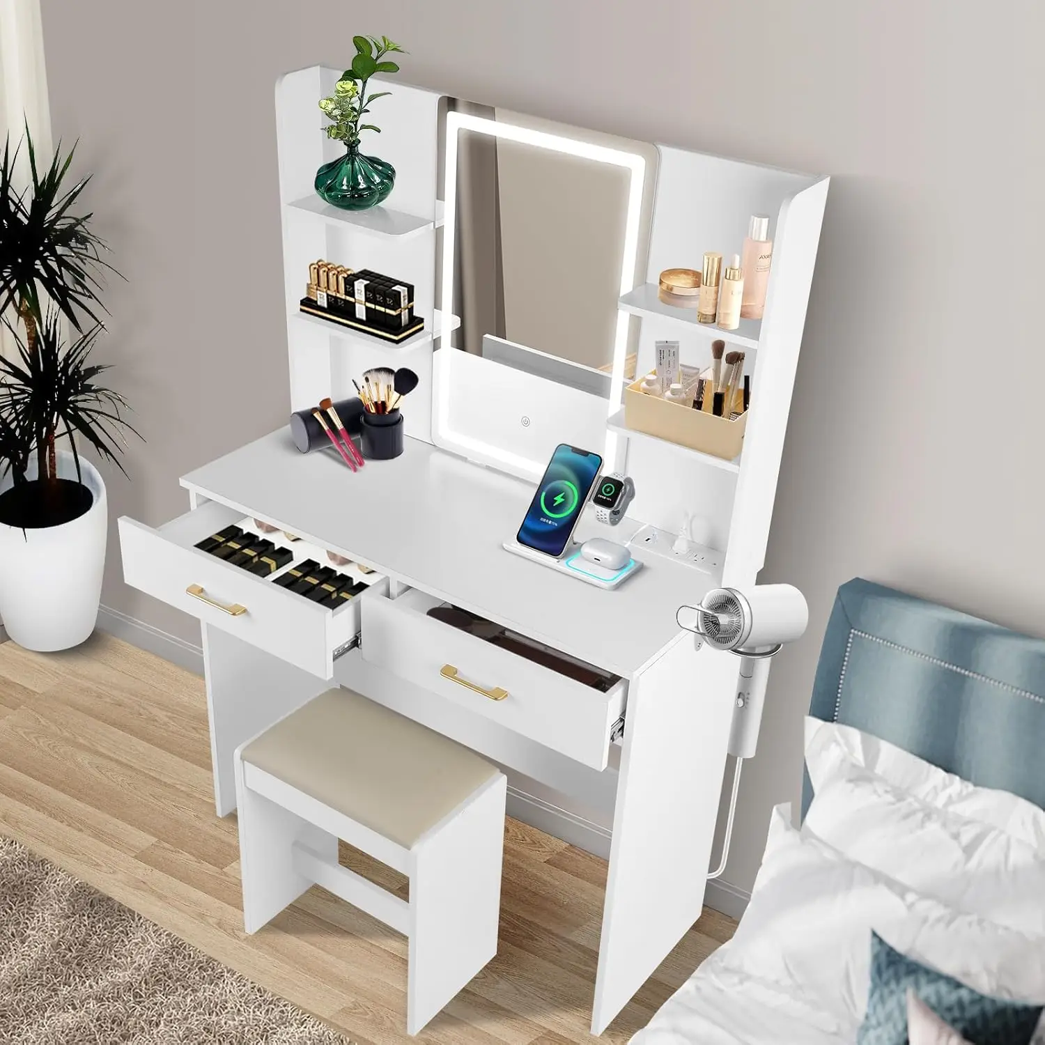 Vanity Desk Set com espelho e fezes e luzes, tomada de energia, gavetas brancas